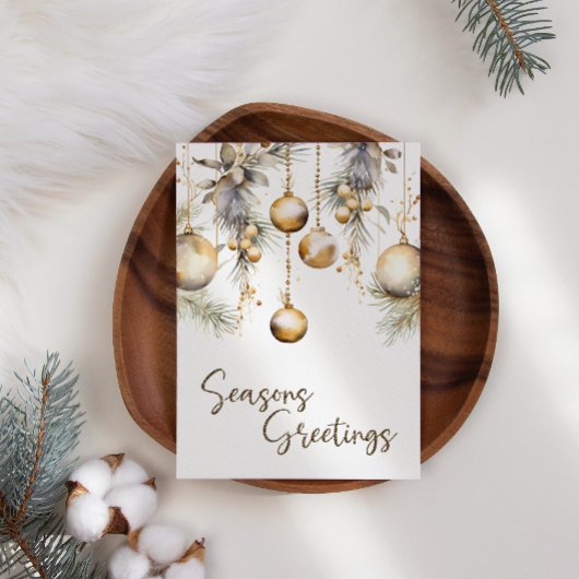 Gold Ornamente White Holly Business Weihnachtskart