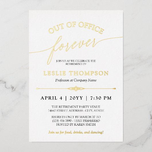 Gold Out of Office Forever Retirement Party Folieneinladung (Vorderseite)