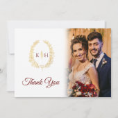 Gold oval Blätter burgundy Hochzeit Foto QR Code Dankeskarte (Vorderseite)