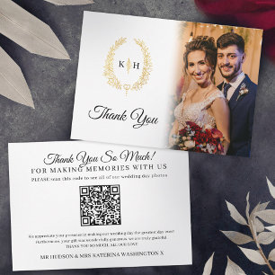 Gold oval Blätter Schwarz-weiße Hochzeit Foto QR C Dankeskarte