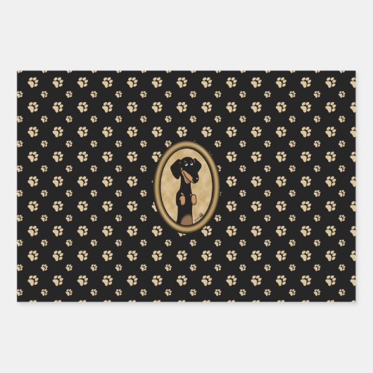 Gold Oval Dackel Cartoon Portrait (schwarz & tan) Geschenkpapier Set (Vorderseite 2)