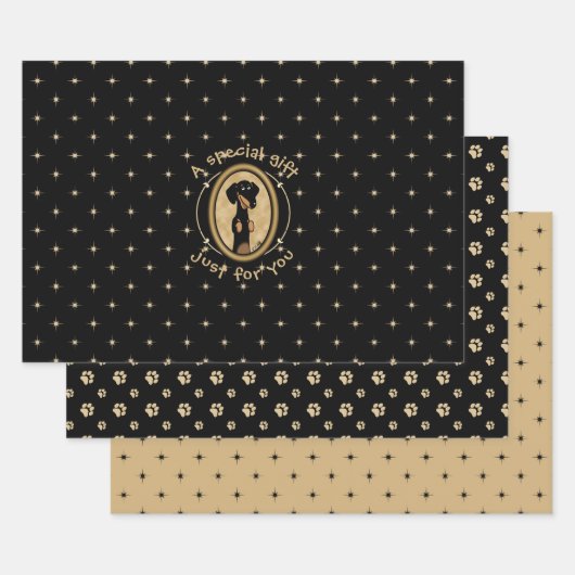 Gold Oval Dackel Cartoon Portrait (schwarz & tan) Geschenkpapier Set (Set)