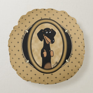 Gold Oval Dackel Cartoon Portrait (schwarz & tan) Rundes Kissen