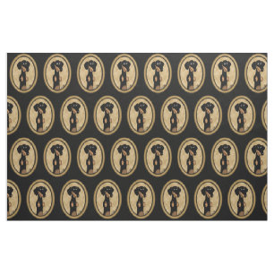 Gold Oval Dackel Cartoon Portrait (schwarz & tan) Stoff
