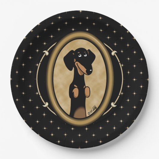 Gold Oval Dackel Portrait (schwarz & tan) Niedlich Pappteller (Vorderseite)