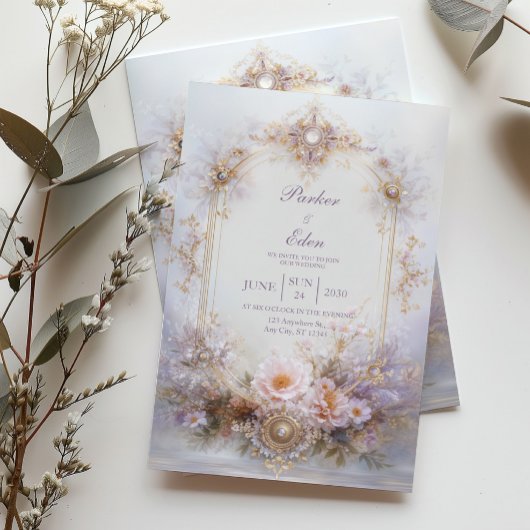 Gold Oval Frame Blush Floral Jewel Elegant Wedding Einladung