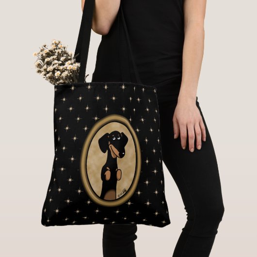 Gold Oval Frame Dackel Portrait (schwarz & tan) Tasche (Von Nahem)