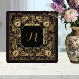 Gold Owl Compass Monogram Art Deco Ceramic Tile Fliese