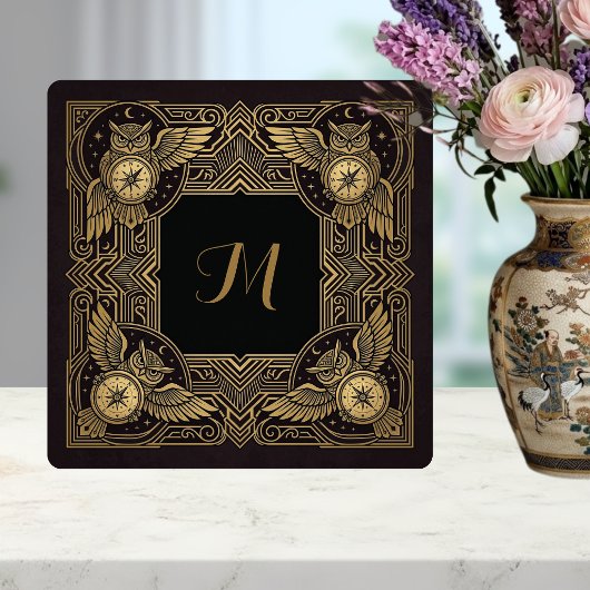 Gold Owl Compass Monogram Art Deco Ceramic Tile Fliese
