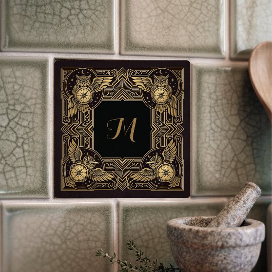 Gold Owl Compass Monogram Art Deco Ceramic Tile Fliese