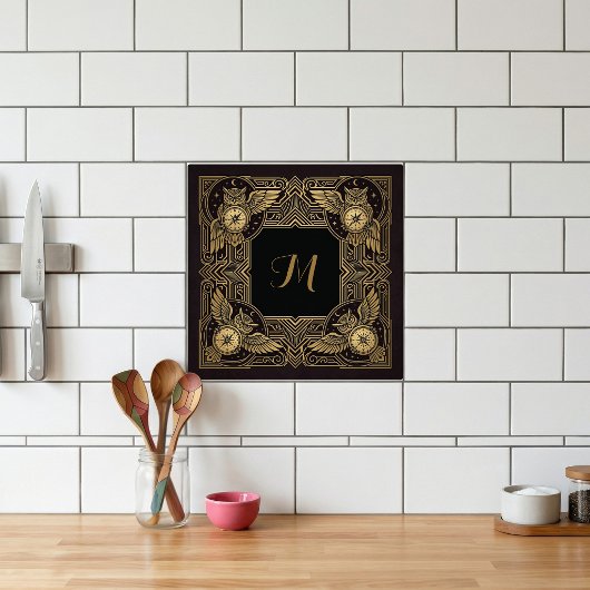 Gold Owl Compass Monogram Art Deco Ceramic Tile Fliese