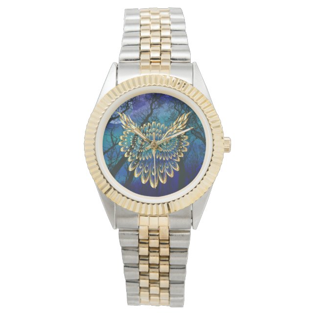 Gold Owl Face on forest at night Armbanduhr (Vorderseite)