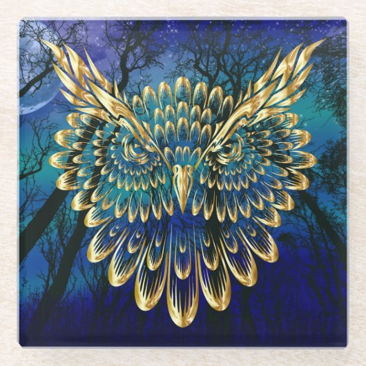 Gold Owl Face on forest at night Glasuntersetzer (Vorderseite)