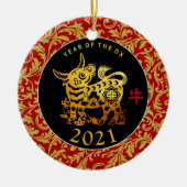 Gold Ox Chinesisches Neujahr 2021 Text-Back-Orname Keramik Ornament (Vorne)