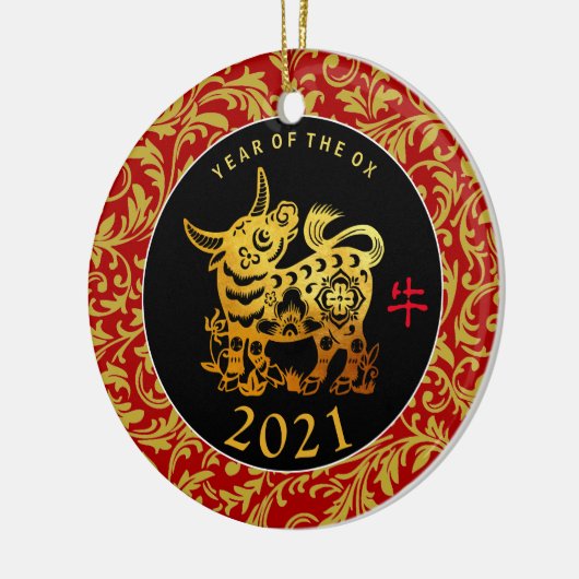 Gold Ox Chinesisches Neujahr 2021 Text-Back-Orname Keramik Ornament (Links)