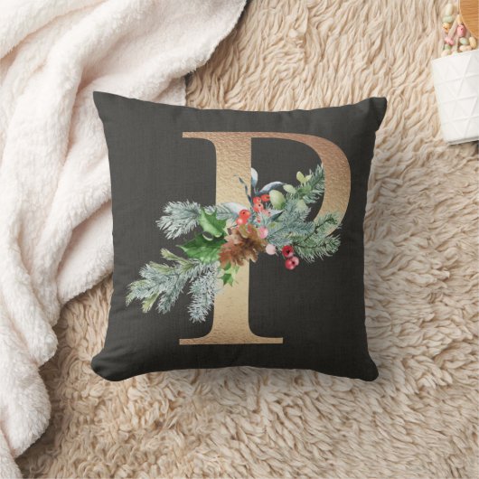 Gold P Monogram Pine & Berries Christmas Family Kissen (Decke)
