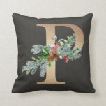 Gold P Monogram Pine & Berries Christmas Family Kissen<br><div class="desc">Atemberaubende Goldfolie Monogram mit festlichen Kiefern und Beeren für die Ferienzeit auf kohlegrauem Hintergrund. Auch auf weißem Leinen erhältlich. Was für eine schöne Touch für Ihre Urlaubsstimmung. Wird in jedem Buchstaben des Alphabets verfügbar sein. Teil einer Sammlung. Macht ein nachdenkliches Geschenk.</div>
