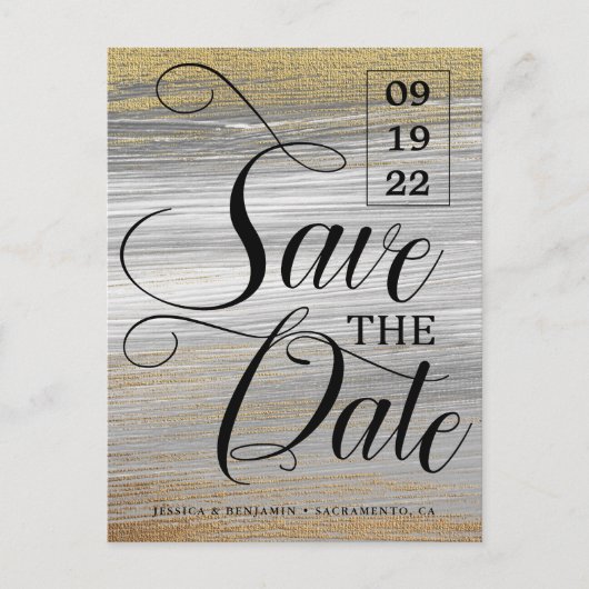 Gold Paint Calligraphy Foto Wedding Save the Date Ankündigungspostkarte (Vorderseite)