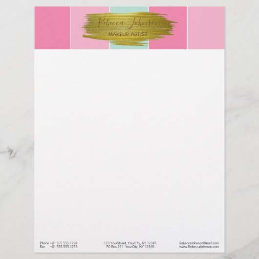 Gold Paint Stroke Farbenfrohe Minze Rosa Streifen Briefkopf (Vorderseite)