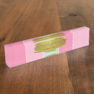 Gold Paint Stroke Farbenfrohe Minze Rosa Streifen Namensplakette