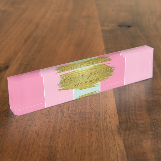 Gold Paint Stroke Farbenfrohe Minze Rosa Streifen Namensplakette (Seite)