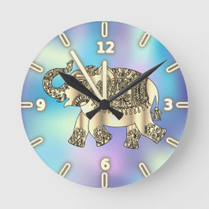 Gold Paisley Floral Elephant, Blue Holographic Runde Wanduhr