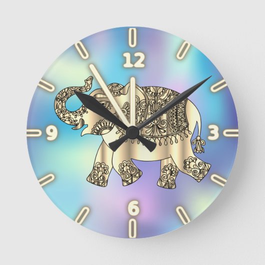 Gold Paisley Floral Elephant, Blue Holographic Runde Wanduhr (Vorderseite)