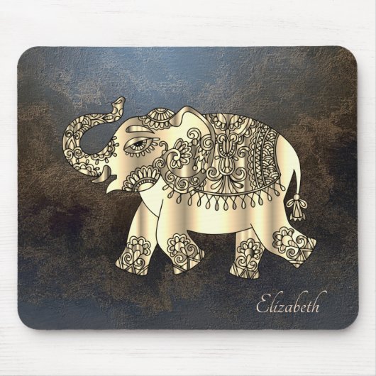 Gold Paisley Floral Elephant, Lederlook Mousepad (Vorne)