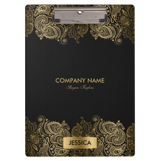 Gold Paisley Spitze mit schwarzem Hintergrund Klemmbrett (Vorderseite)
