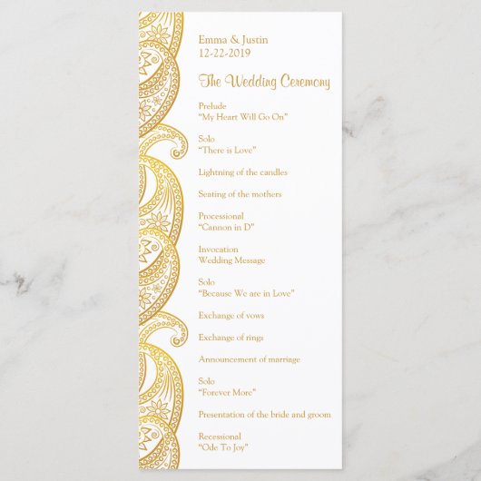 Gold Paisley Traditional Indian Wedding Rackcard Programm (Rückseite)