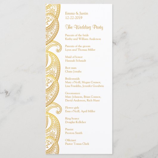 Gold Paisley Traditional Indian Wedding Rackcard Programm (Vorderseite)