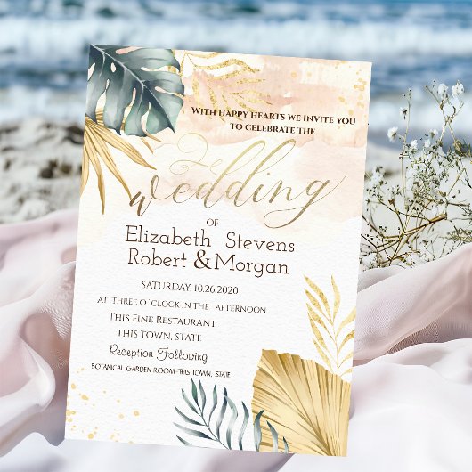 Gold Palm Blätter Beach Hochzeitseinladung Einladung