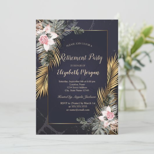 Gold Palm Blätter Rose Marmorrückgabe Einladung (Stehend Vorderseite)