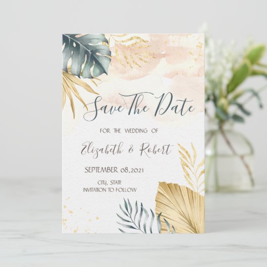 Gold Palm Blätter Wasserfarbe Save the Date (Stehend Vorderseite)