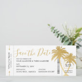 Gold Palm Boarding Pass Ticket Save the Date Card Ankündigung (Stehend Vorderseite)