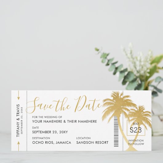 Gold Palm Boarding Pass Ticket Save the Date Card Ankündigung (Stehend Vorderseite)