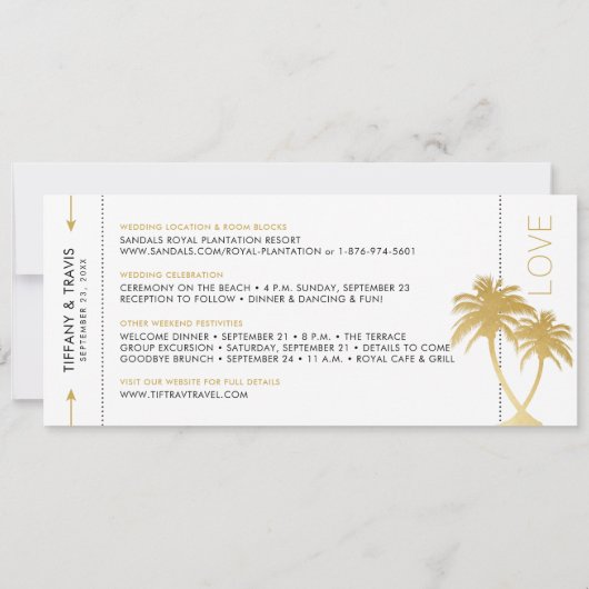 Gold Palm Boarding Pass Ticket Save the Date Card Ankündigung (Rückseite)