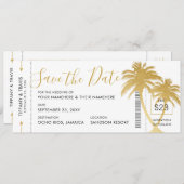 Gold Palm Boarding Pass Ticket Save the Date Card Ankündigung (Vorne/Hinten)