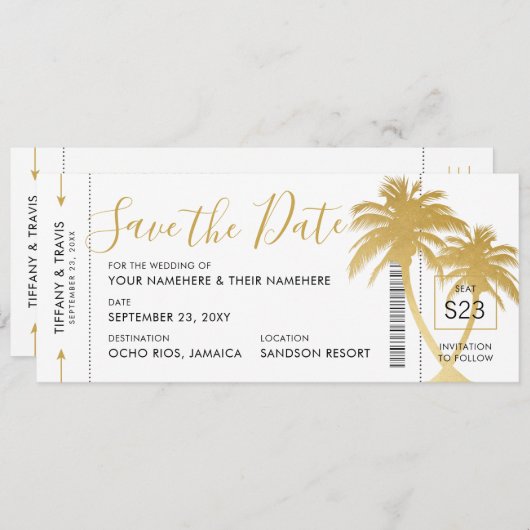 Gold Palm Boarding Pass Ticket Save the Date Card Ankündigung (Vorne/Hinten)
