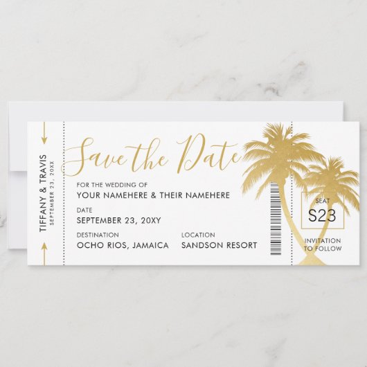 Gold Palm Boarding Pass Ticket Save the Date Card Ankündigung (Vorderseite)