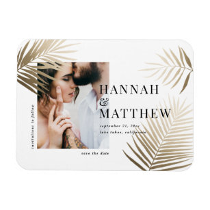 Gold palm leaf save the date photo wedding magnet