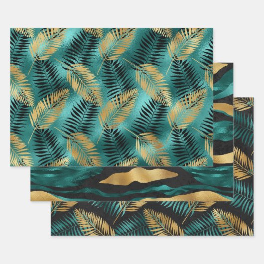 Gold Palm Leaves with Teal and Black Abstract Geschenkpapier Set (Set)