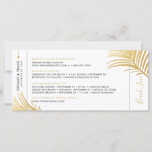 Gold Palm Tree Boarding Pass Beach Save the Date (Rückseite)