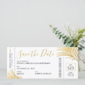 Gold Palm Tree Boarding Pass Beach Save the Date (Stehend Vorderseite)
