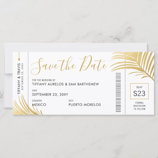 Gold Palm Tree Boarding Pass Beach Save the Date (Vorderseite)