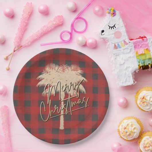 Gold Palm Tree Red Buffalo Karierte Weihnachten Pappteller (Party)