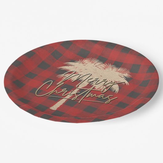 Gold Palm Tree Red Buffalo Karierte Weihnachten Pappteller (Schrägansicht)