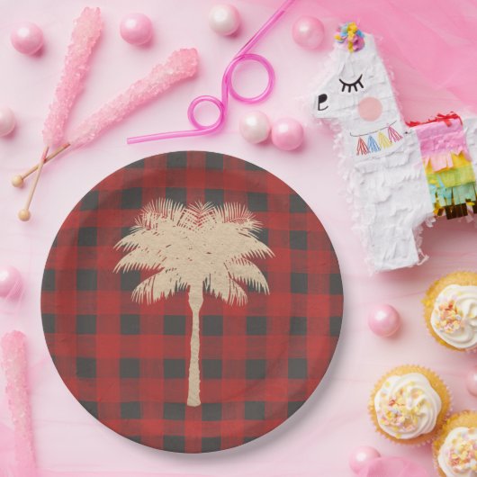 Gold Palm Tree Red Buffalo Karierte Weihnachten Pappteller (Party)