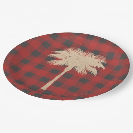 Gold Palm Tree Red Buffalo Karierte Weihnachten Pappteller (Schrägansicht)