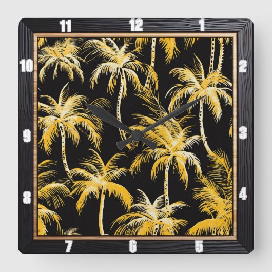 Gold Palm Trees Black Quadratische Wanduhr (Vorderseite)